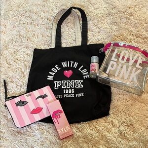 Victoria's Secret Pink&White Striped Cosmetic Pouch with Lip KIT, & BONUS items!